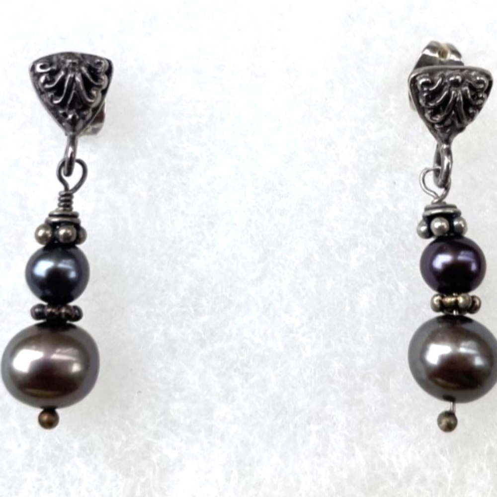 7mm-4mm Gray/Blue Pearl Drop 925 Sterling Silver Earrings